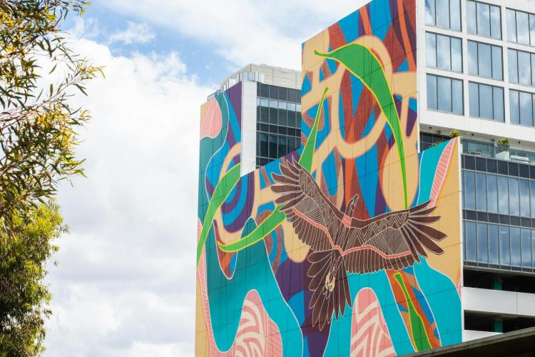 A large Indigenous mural featuring Bunjil on a building facade